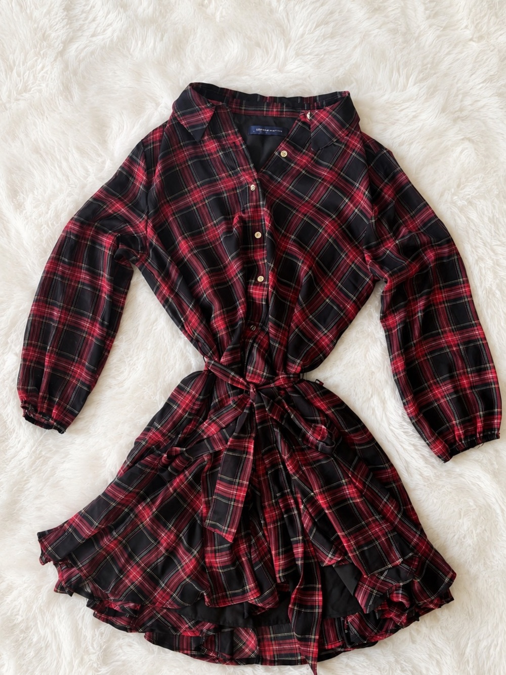 Tommy Hilfiger Red & Black Plaid Tie-Waist Ruffle Shirt Dress M NWOT